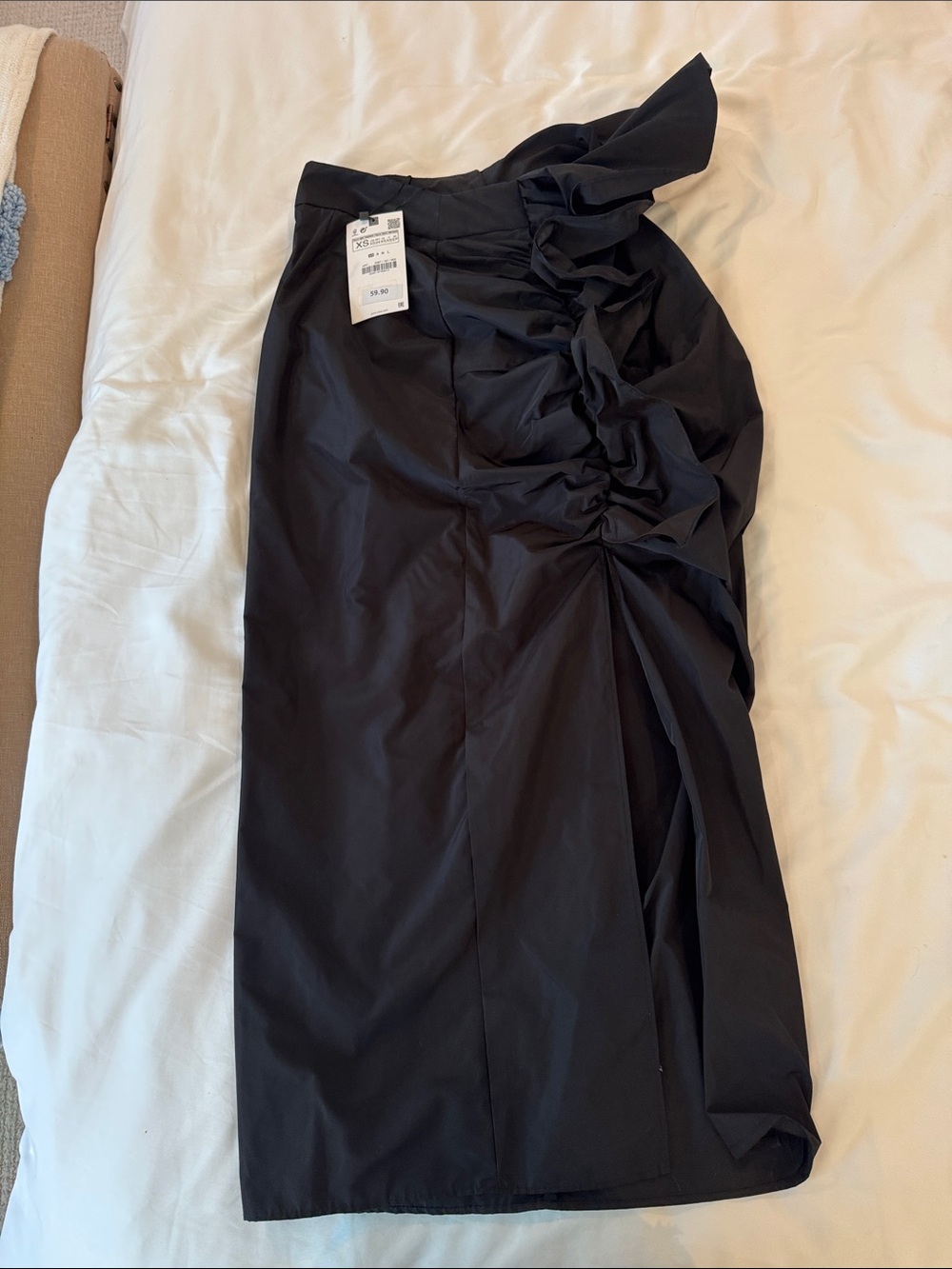 Zara black Ruched Pencil Skirt with Side Draping and slit- new with tags